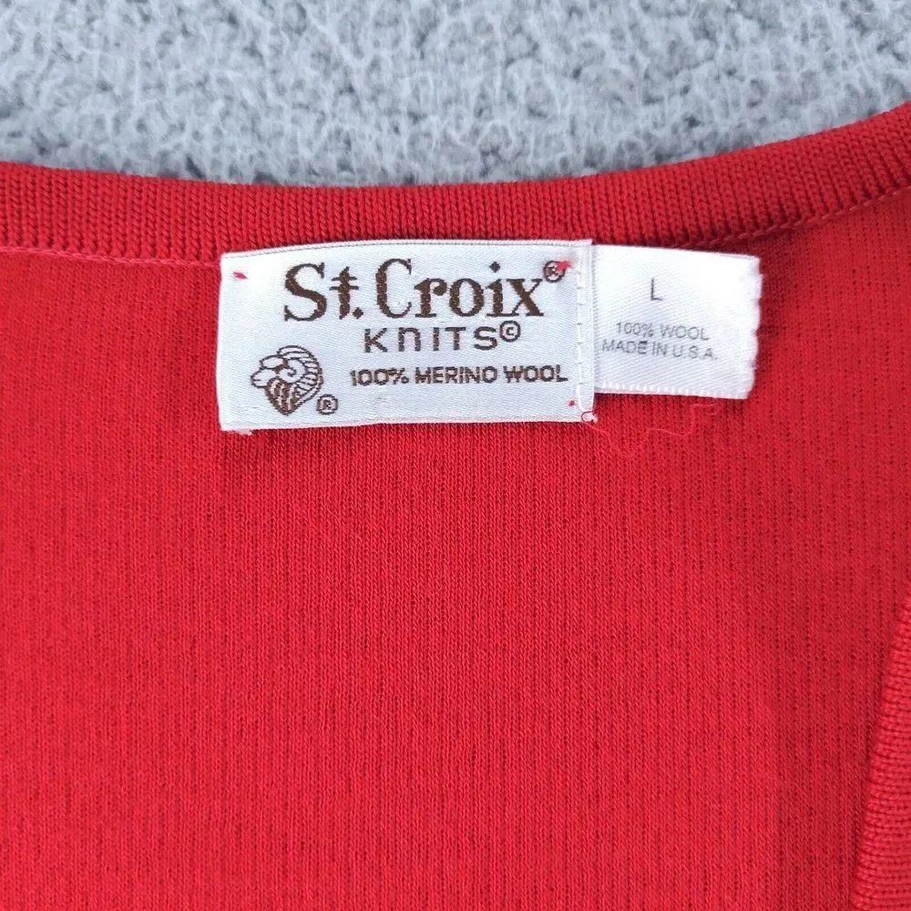Vintage St. Croix Sweater Mens Large Red Merino Wool Knitted Long Sleeve V Neck